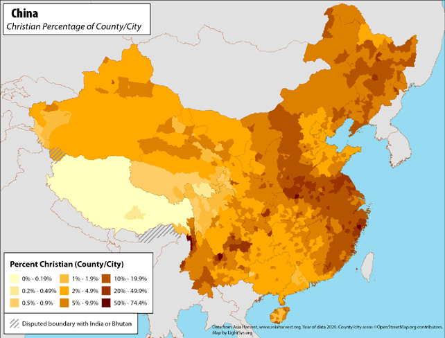 China - Christian Percentage of County/City